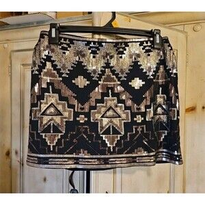 Express Aztec Geometric Print Sequin Mini Skirt Gold Black XS (27x13) Excellent